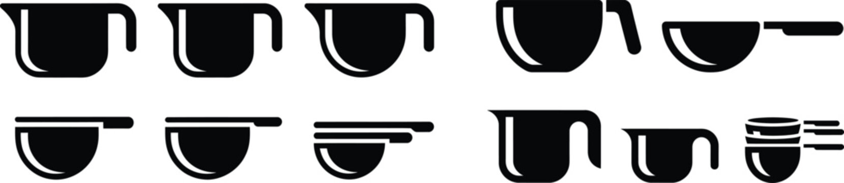 Kitchen measuring cup icons set showing different sizes and styles of professional liquid volume tools for cooking.
