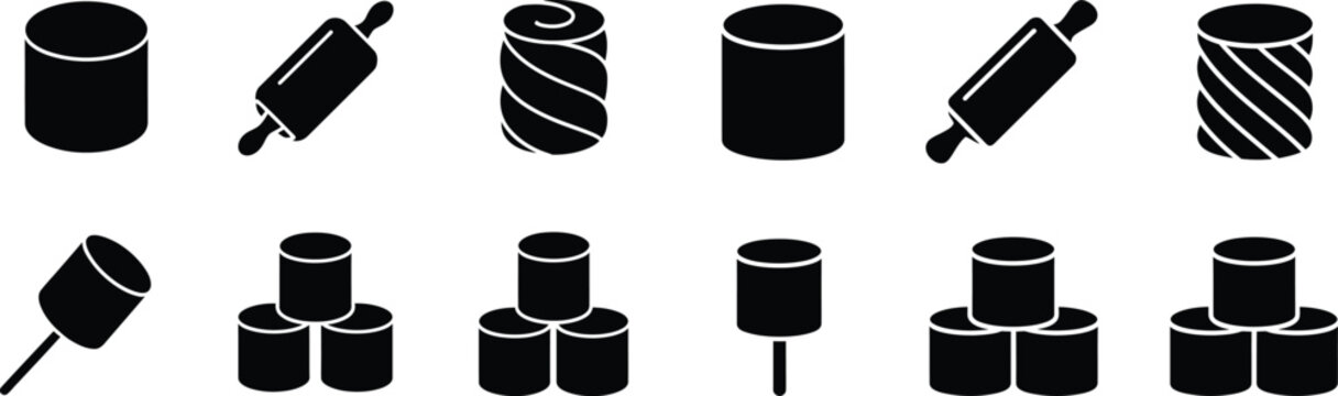 Marshmallow icons set with sweet fluffy cylinders and roasted treats on sticks including spiral and stacked marshmallow shapes.