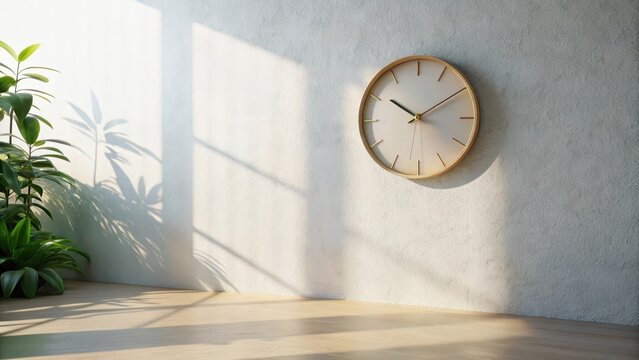 A photo of a minimalist wall clock with a sleek design against a plain white wall, capturing the essence of simplicity and modernity