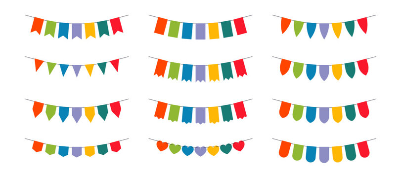 A set of colorful flags hanging from a white background. The ribbons are in various colors and sizes