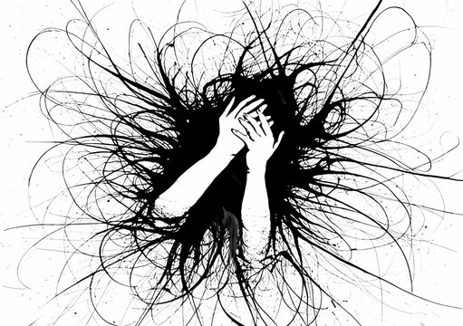 Abstract black ink drawing of a person covering their face with hands in a chaotic explosion of lines