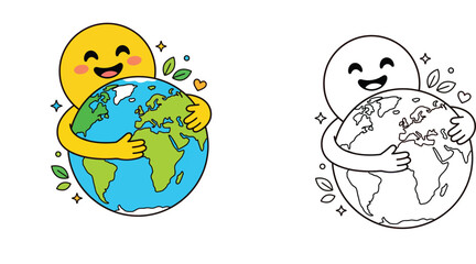 Fototapeta premium Happy Sun Hugging Earth: Cute Cartoon for Environment & Care