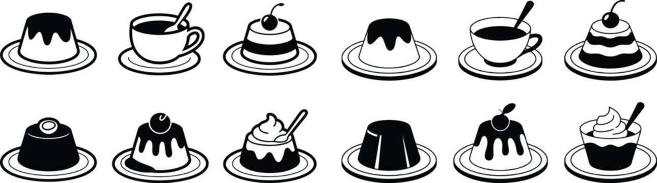 Set of dessert pudding and cupcake vector black silhouettes. sweet food items with decorative toppings and garnishes.