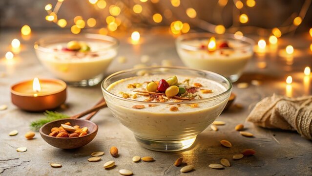 A photo of a rich, creamy kheer dessert garnished with crunchy nuts and sweet dried fruits on a festive table, surrounded by twinkling fairy lights an