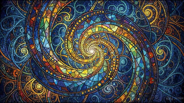 Spiral mosaic window design forming intricate celestial patterns and a complex geometric swirl.