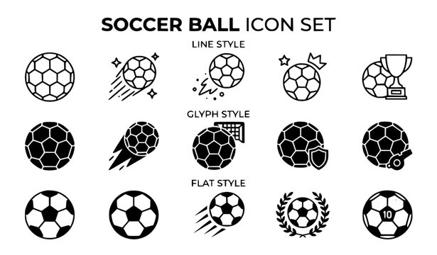 Soccer ball icons line glyph flat vector set football