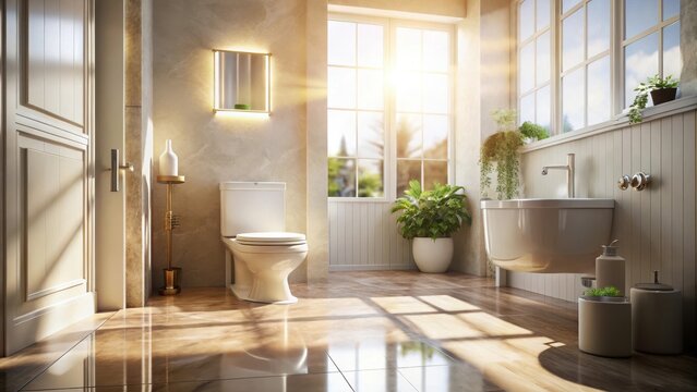 A photo of a clean, lightfilled room with a dirty bathroom floor and an uncluttered toilet, showcasing cleanliness and hygiene challenges