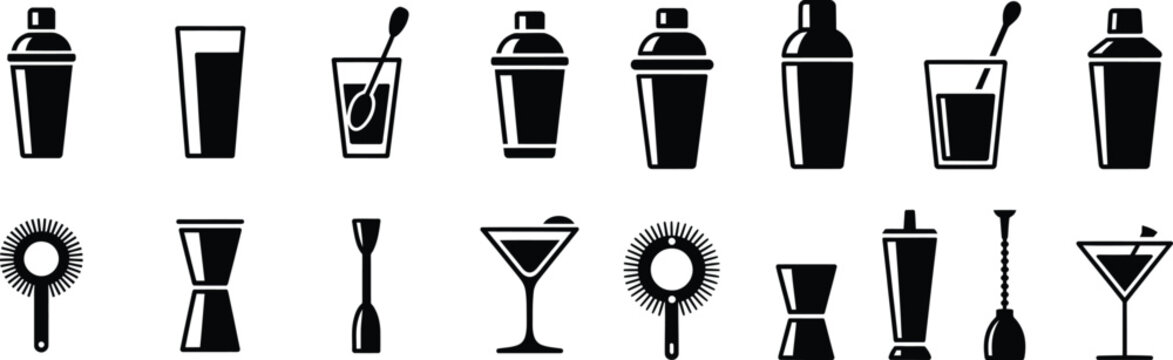 Set of bar tools icons including shakers glasses strainers and jiggers for cocktail preparation and mixology design.