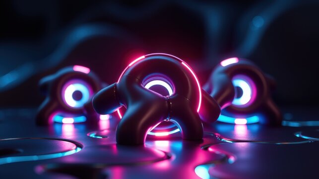 Dark futuristic objects glow with neon pink, blue light. Smooth surfaces reflect surrounding colors, creating abstract shapes. Minimalist composition.