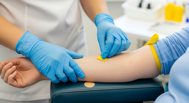 Medical applying yellow adhesive bandage to patients arm healthcare doctor nurse