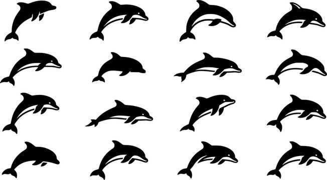 Dolphin Silhouette Set Featuring Jumping Ocean Dolphins, Marine Wildlife, Sea Animal Logo Elements, Aquatic Nature and Minimal Vector Designs
