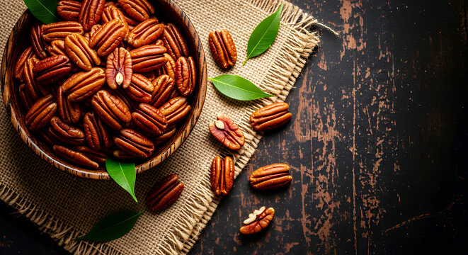 Wooden bowl of pecans on a dark wooden table with burlap cloth and green leaves rustic table