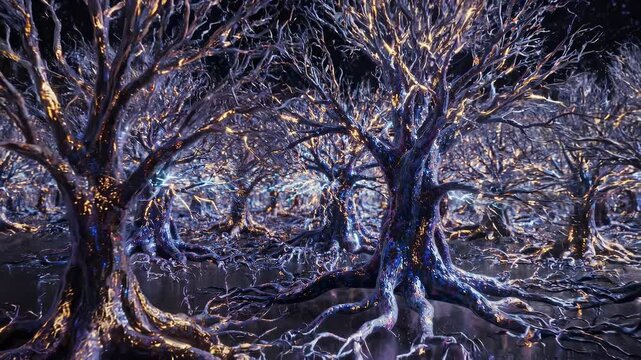 Glowing trees in a mystical forest.