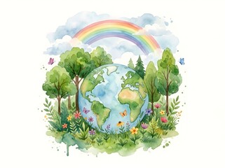 Naklejka premium Watercolor Earth surrounded by trees, flowers, and rainbow