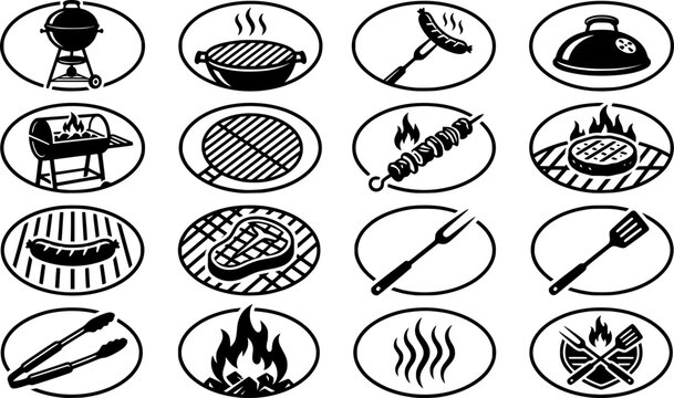 Barbecue Grill Icon Set Featuring BBQ Tools, Grilled Meat, Hot Dog, Sausage, Skewers, Fire Flame, Smoke and Outdoor Cooking Symbols