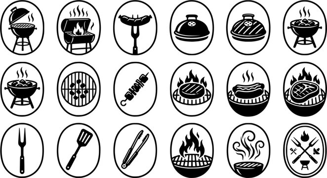 Barbecue Grill Icon Set Featuring BBQ Tools, Grilled Meat, Hot Dog, Sausage, Skewers, Fire Flame, Smoke and Outdoor Cooking Symbols