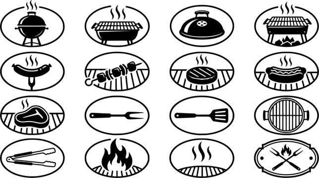 Barbecue Grill Icon Set Featuring BBQ Tools, Grilled Meat, Hot Dog, Sausage, Skewers, Fire Flame, Smoke and Outdoor Cooking Symbols