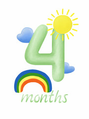 Naklejka premium Baby monthly milestone card four months with watercolor rainbow and sun, nursery series.