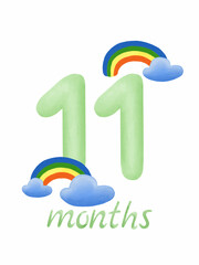 Naklejka premium Baby monthly milestone card eleven months with watercolor rainbows and clouds, sun and clouds collection.