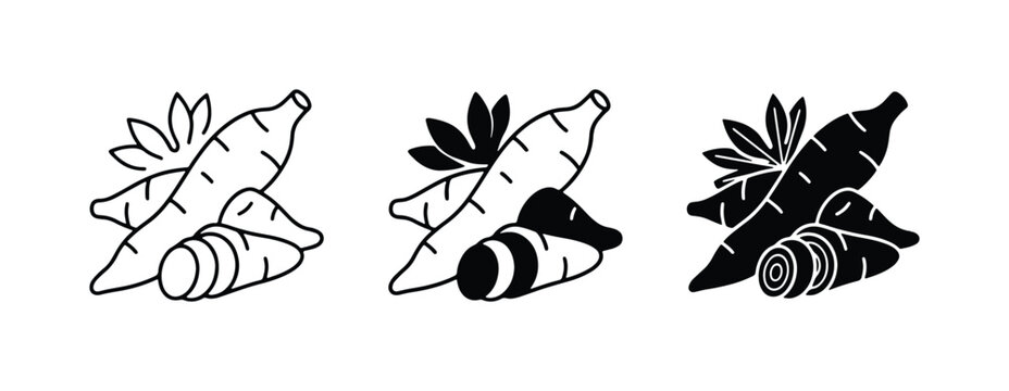 Cassava Root Icons, Yuca Vegetable Vector Graphics, Tapioca Plant Illustrations