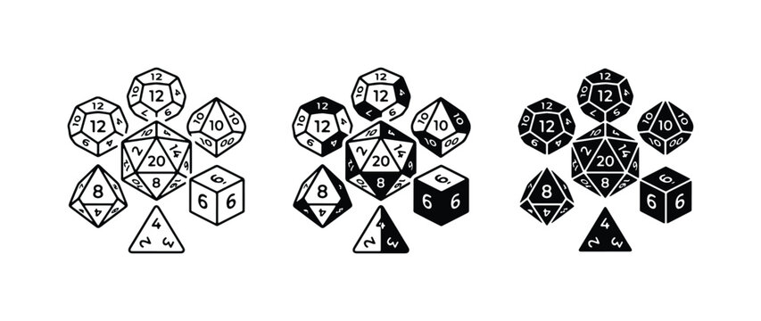 Polyhedral Dice Sets, Tabletop RPG Game Dice, Dungeons and Dragons Dice, Black and White Vector Icons
