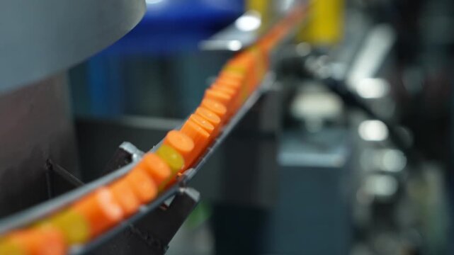 close-up of orange disposable syringe caps rotating inside a sorting machine and being fed onto a conveyor line