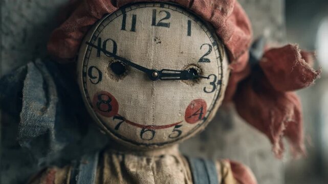 Close-up of a scary old doll with a clock face showing time passing quickly in a fast motion