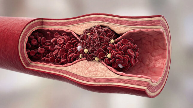 Blood clot thrombus blocking red blood cells stream artery concept. Detailed illustration of blood flow inside a blood vessel.