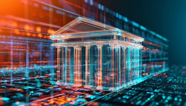 A glowing wireframe rendering of a classical bank building constructed with intricate digital light lines and neon structural geometry
