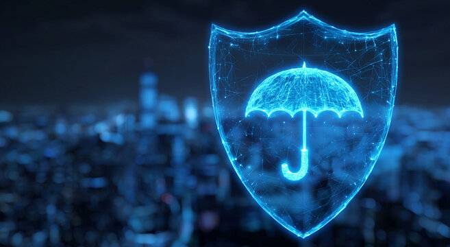 A glowing blue digital shield icon containing an umbrella symbol represents modern cyber security and comprehensive insurance protection concepts