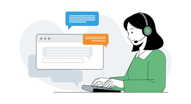Customer service call center agent with headset typing on keyboard, chat bubbles