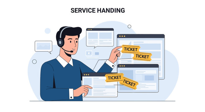 Customer Service Agent with Tickets, Online Support, Digital Assistance, Business Concept