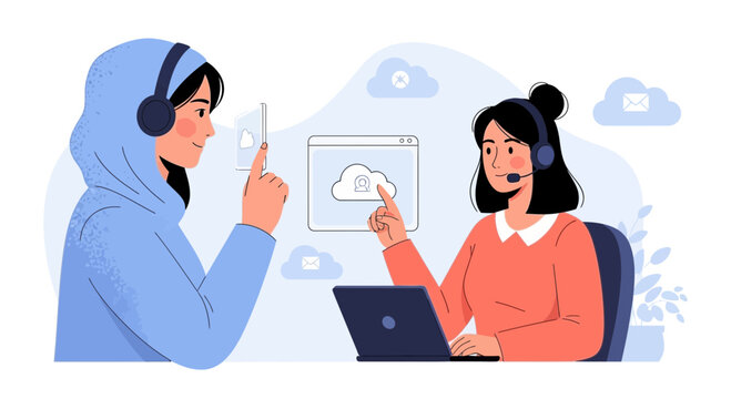 Customer service team, communication, cloud technology, tech support, women, remote work