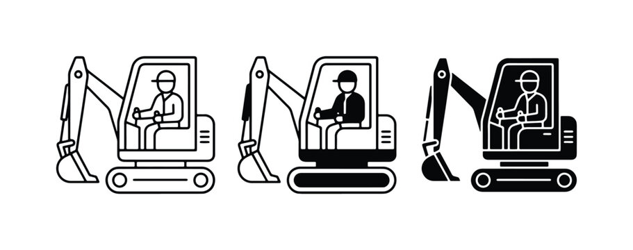 Mini Excavator Icons, Construction Vehicle Set, Digging Machine Vector Graphics