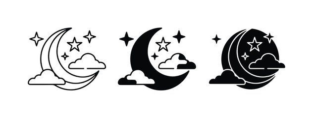 Night Sky Icons: Crescent Moon, Stars, Clouds, Vector Set for Sleep, Dreams, and Celestial Themes © Parvez