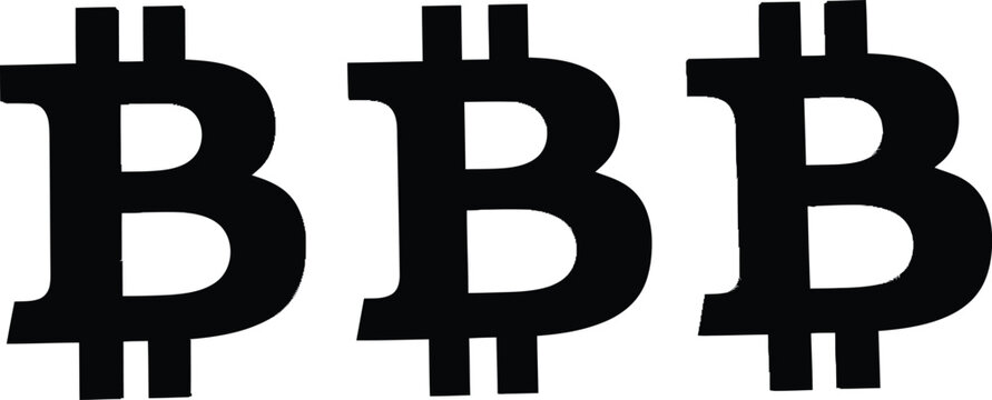 Three black bitcoin symbols isolated on white background