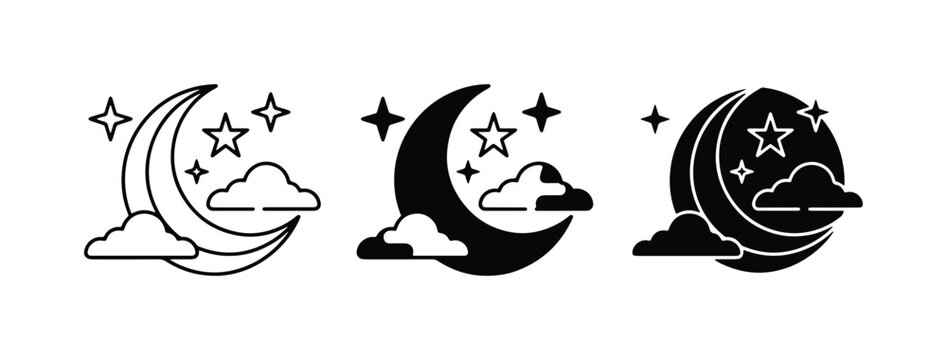 Night Sky Icons: Crescent Moon, Stars, Clouds, Vector Set for Sleep, Dreams, and Celestial Themes