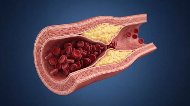 Blocked blood vessel artery poor circulation risks heart health concept. Detailed illustration of human blood vessel anatomy structure.