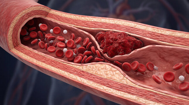 Blood clot thrombus blocking red blood cells stream artery concept. Detailed illustration of human blood vessel with cells and plaque.