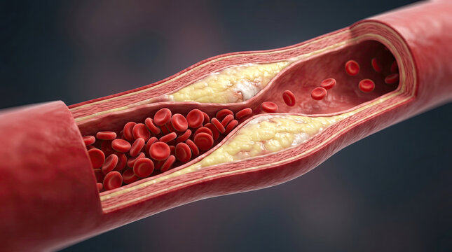 Blocked blood vessel artery poor circulation risks heart health concept. Detailed view of a blood vessel with flowing red blood cells.