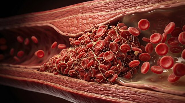Blood clot thrombus blocking red blood cells stream artery concept. Detailed view of blood clot formation in human bloodstream.