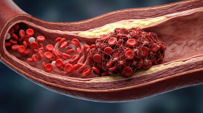 Blood clot thrombus blocking red blood cells stream artery concept. Detailed view of blood clot in a human blood vessel.
