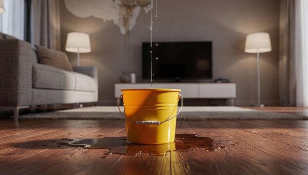 Water dripping into a yellow bucket from a damaged ceiling in a modern home, illustrating domestic issues and unexpected repair needs in a cozy living room