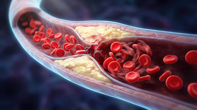 Blood clot thrombus blocking red blood cells stream artery concept. Detailed view of blood flow in a human artery with red cells.
