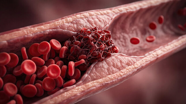 Blood clot thrombus blocking red blood cells stream artery concept. Detailed view of blood flow inside a human artery.