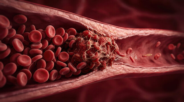 Blood clot thrombus blocking red blood cells stream artery concept. Detailed view of red blood cells within a human artery.