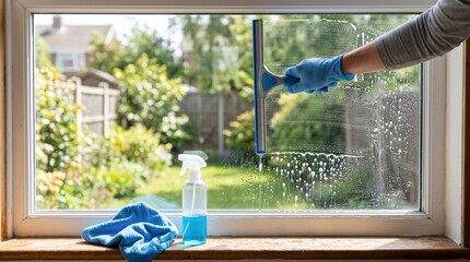 Obraz premium Person wiping window glass with squeegee at home during daytime