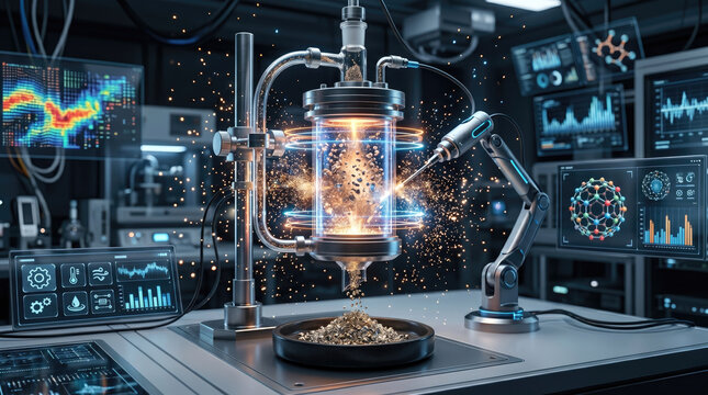 Extraction process of precious rare earth elements refinement concept. Futuristic laboratory focusing on advanced technology and innovation.