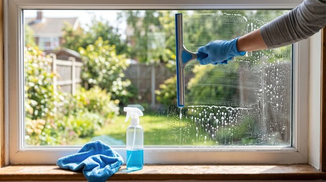 Person wiping window glass with squeegee at home during daytime