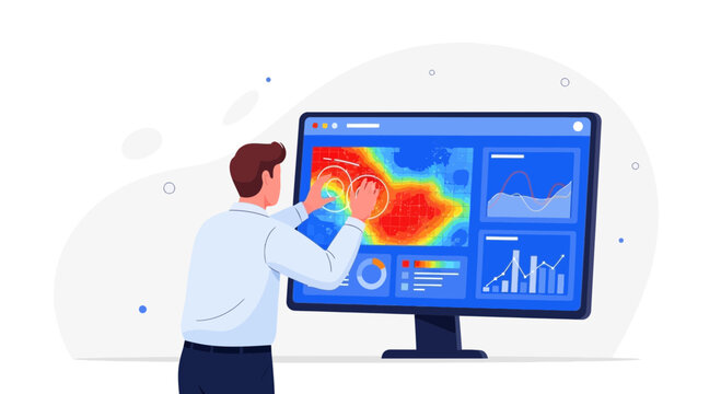 Analyst examining heatmap data on monitor with charts and graphs
